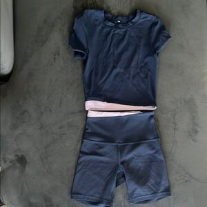 Lululemon Colour Block True Navy/Liliac Ether Align Shorts and Nulu Baby Tee
